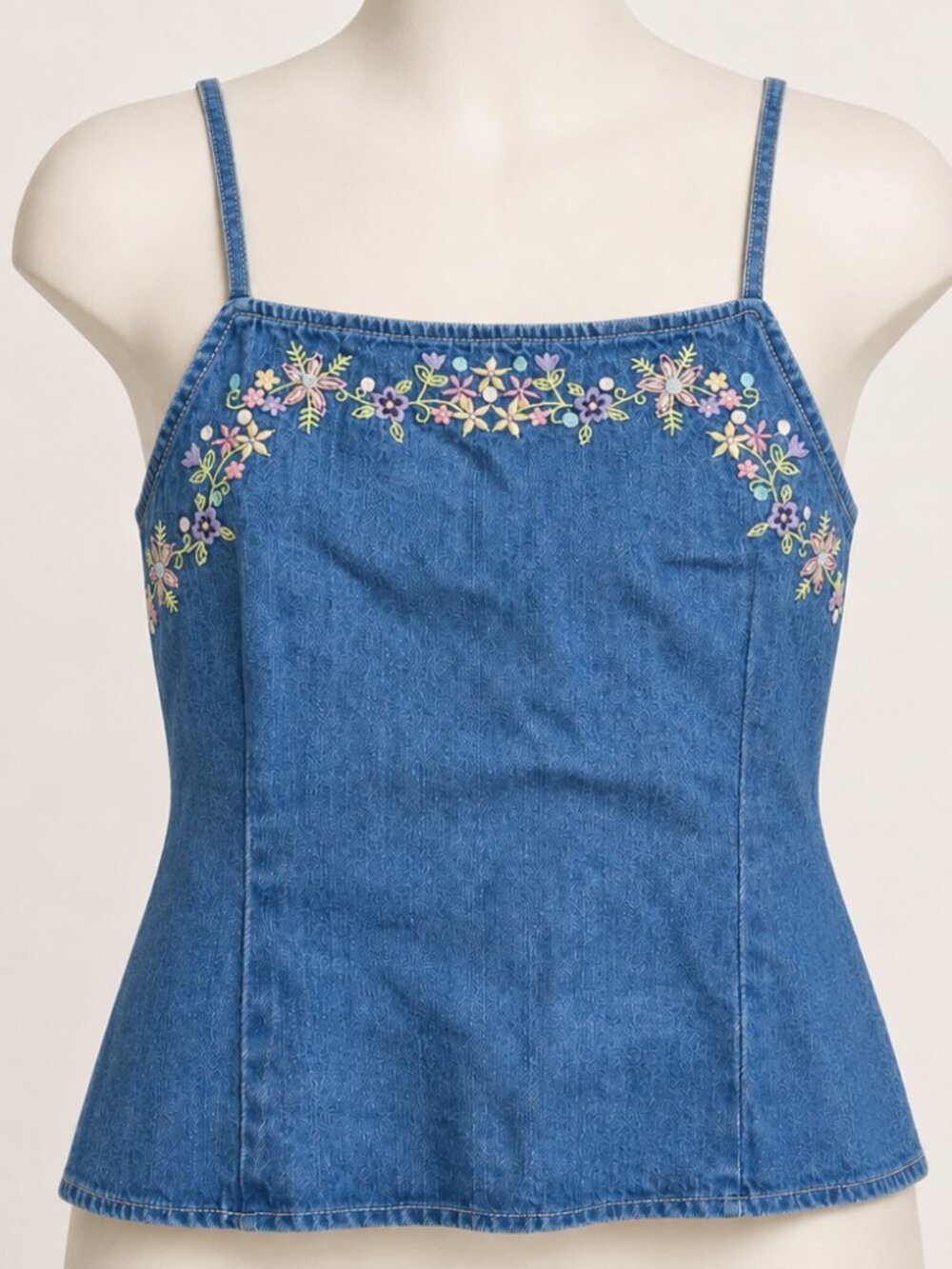 RARE VINTAGE L.A. Blues Denim tank top cottage y2k floral Embroid 90s Boho Chic